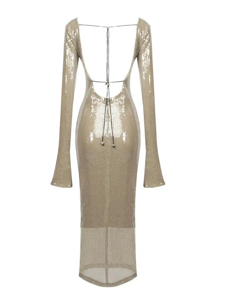 BEVENCCEL Sexy Luxury Sequins Deep V Long Sleeve Backless Sequins Long Dress Elegant  Bodycon Maxi Evening Party Clubwear Dress - Lootquake