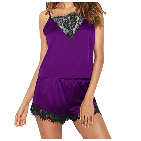 Women Sleepwear Satin Sexy Lace Pajamas Set Female Elegant Sleeveless Top And Shorts Nightgowns Bathing Suit Underwear Canisa - Lootquake