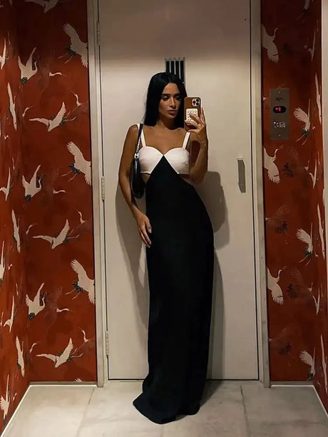 Fashion Black White Patchwork Long Dress Women Sexy Hollow Waist Slim Fits Party Robes Causal Vocation High Street Vestidos - Lootquake
