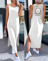Hollow Out Solid Long Dress Women Fashion Sleeveless O-neck Maxi Dresses For Women 2024 Summer Women's Slim Split Vestidos Black - Lootquake