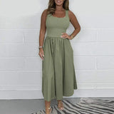 Spring Summer Sleeveless Tank T-shirt Dress Women Sexy U Neck Loose A-Line Long Dress Casual Solid Comforty Simple Party Dresses - Lootquake