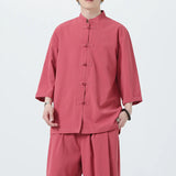 Men Chinese Style Hanfu Shirt 3/4 Sleeve Mens Loose Tops Tang Suit Solid Traditional Kung Fu Shirts Male Chinese Shirts M-5XL - Lootquake