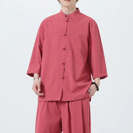 Men Chinese Style Hanfu Shirt 3/4 Sleeve Mens Loose Tops Tang Suit Solid Traditional Kung Fu Shirts Male Chinese Shirts M-5XL - Lootquake