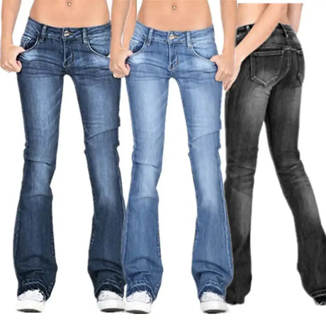 Strecth Jeans Washed Mid Waist Denim Flare Pants Women Streetwear Floor Length Pockets Denims Autumn Female Vintage Trousers - Lootquake