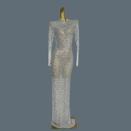 Stunning Evening Gown Long Dress Birthday Celebrate Luxurious Costume Sparkly Big Rhinestone Dancer Flashing Party Dress Gesebei - Lootquake