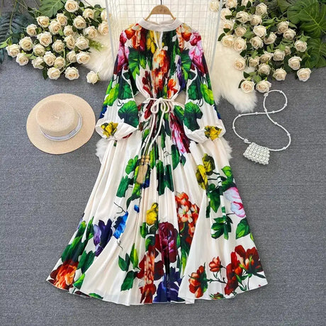 Spring Holiday Print Long Dress For Women Fashion Loose Lantern Sleeve Party Robe Female Big Swing Tassels Belt Pleated Clothes - Lootquake