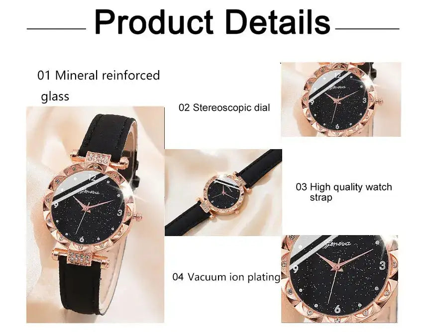 Womens Watches 5Pcs Set Luxury Rhinestone Women Fashion Elegant Wristwatch Quartz Watch For Girl WristWatch Bracelet Gift - Lootquake