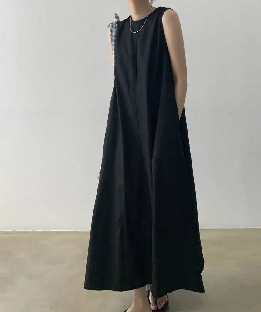 2022 Minimalist Chic Loose Swing Sleeveless Mid-length Casual Cotton Linen Long Dress  Round Neck High Waist Women Runway Dress - Lootquake