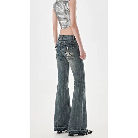 American High Street Spicy Girls Low Waist Jeans Women Autumn Vintage Y2k Design Sense Slim Fit Straight Tube Micro Flare Pants - Lootquake
