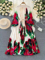 Spring Holiday Print Long Dress For Women Fashion Loose Lantern Sleeve Party Robe Female Big Swing Tassels Belt Pleated Clothes