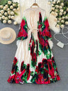Spring Holiday Print Long Dress For Women Fashion Loose Lantern Sleeve Party Robe Female Big Swing Tassels Belt Pleated Clothes