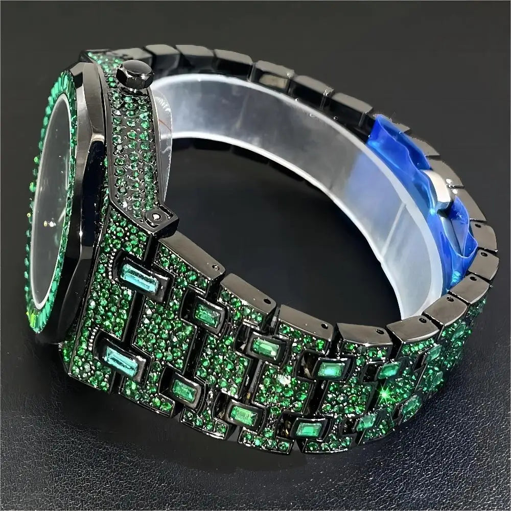 2024 New MISSFOX Hip Hop Green Iced Watches Mens Luxury Stainless Steel AAA Clocks Man Fashion Square Diamond Jewelry Wristwatch - Lootquake