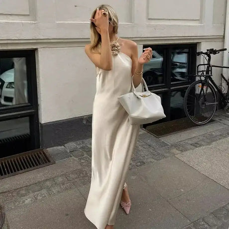 TRAF Flower Satin Long Dress Women Off Shoulder Halter Backless Dress Woman Summer Elegant Party Dresses Sexy Evening Dresses - Lootquake