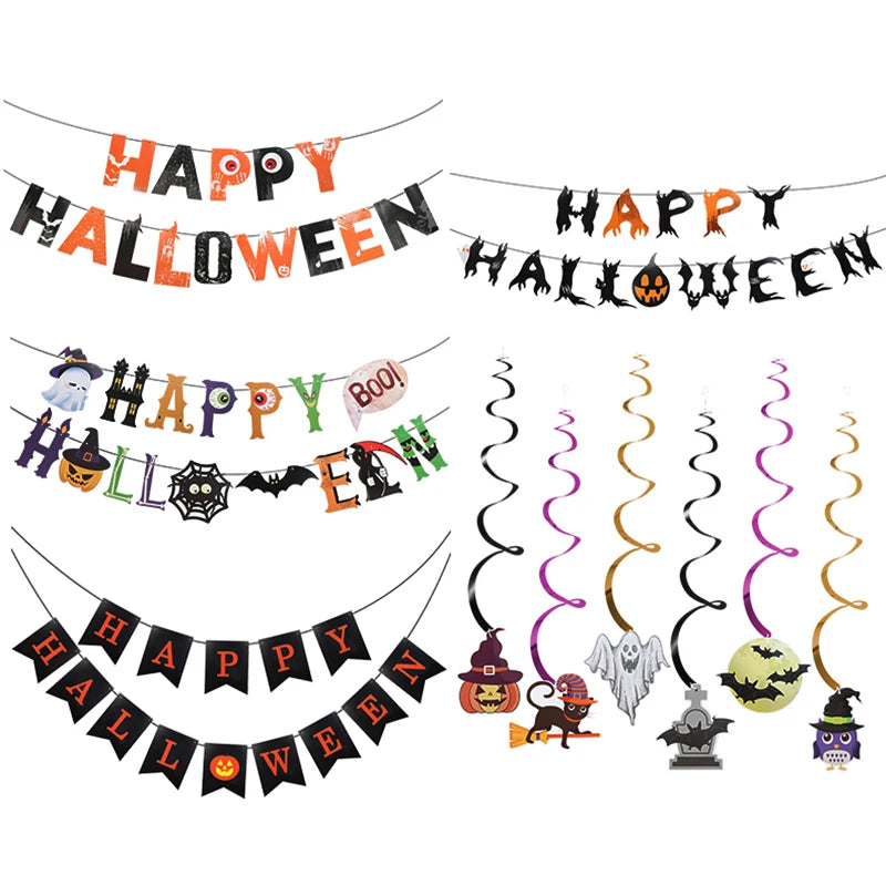 Halloween Party Paper Garland Bat Pumpkin Banner 2025 Happy Halloween Party Decoration for Home Trick or Treat Hanging Pendants