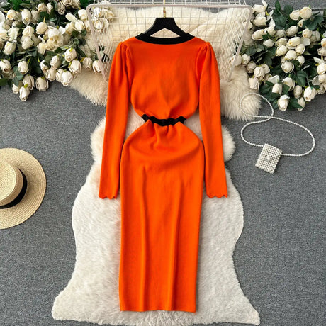 SINGREINY Office Lady Sweater Long Dress 2023 Bow Single Breasted Elastic Split Women Autumn Dress Fashion Senior Knitted Dress - Lootquake