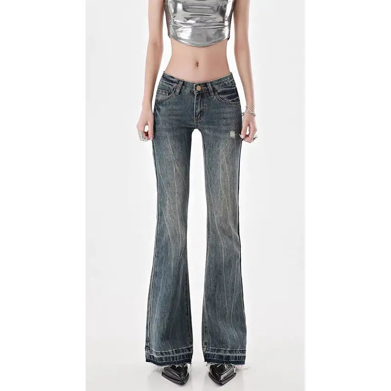 American High Street Spicy Girls Low Waist Jeans Women Autumn Vintage Y2k Design Sense Slim Fit Straight Tube Micro Flare Pants - Lootquake