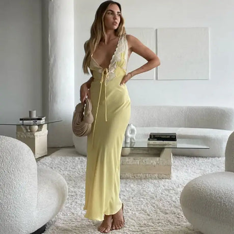 Y2K Chic Women Lace Trim Long Dress 90s Vintage Sexy V Neck Tie Up Backless Bodycon Elegant Lady Club Party Night Cocktail Dress - Lootquake