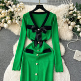 SINGREINY Office Lady Sweater Long Dress 2023 Bow Single Breasted Elastic Split Women Autumn Dress Fashion Senior Knitted Dress