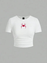Simple Red Spider Printing Crop Tops Summer Street Fashion Women's Slim-fit T-Shirt Comfortable Soft High Elastic Female Clothes - Lootquake
