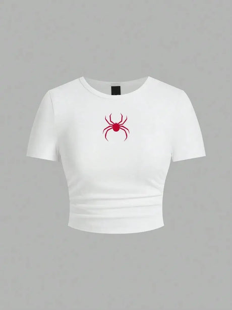 Simple Red Spider Printing Crop Tops Summer Street Fashion Women's Slim-fit T-Shirt Comfortable Soft High Elastic Female Clothes - Lootquake
