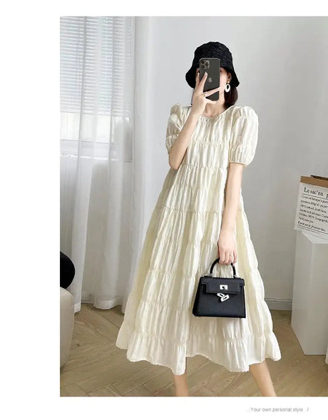 2025 Summer Maternity Pleated Dress Solid Color Loose Pregnant Woman Long Dress Short Sleeve Plus Size Pregnancy Ball Gown Dress - Lootquake