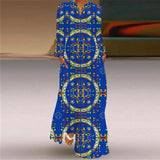 Women Autumn Winter Long Dress Elegant Party Casual V Neck Long Sleeve Vestids Style Loose Stripe Printing Vintage Maxi Dresses - Lootquake