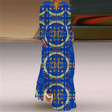 Women Autumn Winter Long Dress Elegant Party Casual V Neck Long Sleeve Vestids Style Loose Stripe Printing Vintage Maxi Dresses - Lootquake