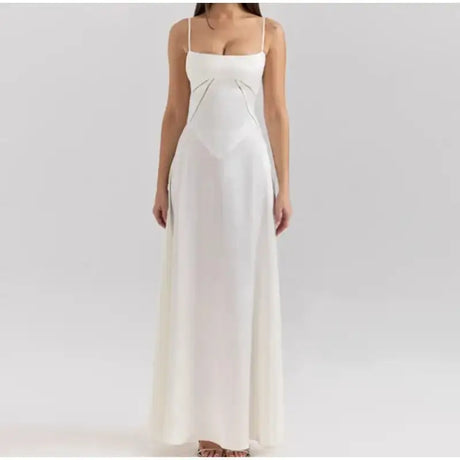 Women's Solid Sexy Satin Lace Up Backless Long Dress Elegant High Waist Square Neck Slim Sling Dresses 2025 Female Beach Robes - Lootquake