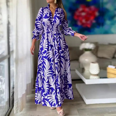 Europe And America Cross Border Autumn/Winter New Long Dress with Waist Pullover And Bohemian Print Long Sleeve Large Swing - Lootquake