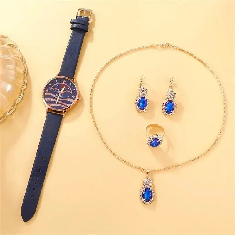 5pcs Set Women Fashion Quartz Watch Female Clock Moon Dial Luxury Brand Design Women Watches Simple Ladies Watches - Lootquake