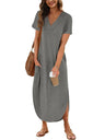 Summer New Women Elegant Solid Color Dress Short Sleeve V-Neck Cotton Linen Comfortable Loose Pocket Ladies Long Dress Vestidos - Lootquake