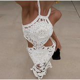 Fashion Hollow Out Halter Maxi Dress For Women 2024 Sexy Sleeveless Backless Long Dress Holiday Hook Flower Knitted Beach Robe - Lootquake