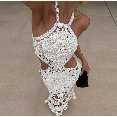Fashion Hollow Out Halter Maxi Dress For Women 2024 Sexy Sleeveless Backless Long Dress Holiday Hook Flower Knitted Beach Robe - Lootquake