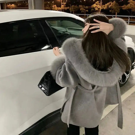 Woolen Windbreaker Jacket Women's Overcoat Fashion Loose Belt Wool Collar Hooded Wool Coat Outwear New Autumn Winter Wool Coats - Lootquake