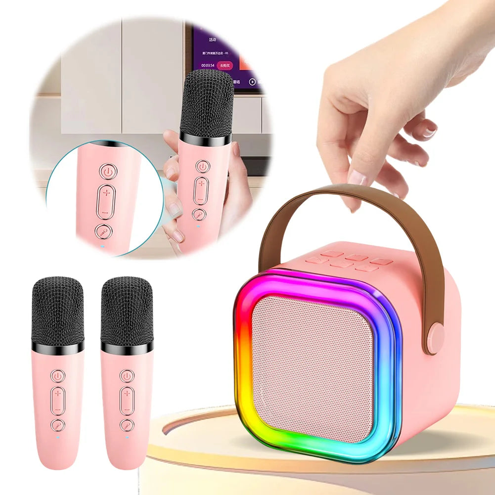 Máquina de karaoke Bluetooth 5.3 con micrófono inalámbrico y luces LED ajustables, mini altavoz para niños y adultos.