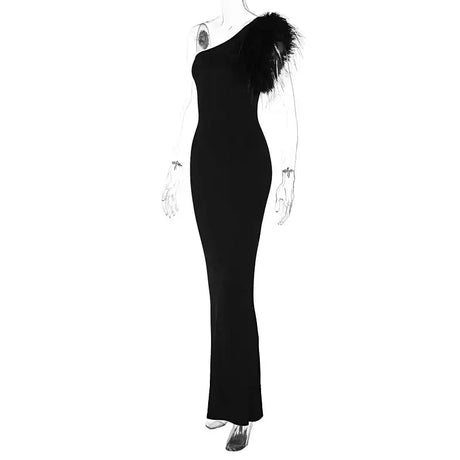 BWQ Black Sleeveless One Shoulder Feather Maxi Dress For Women Bodycon Sexy Party Elegant Long Dress Birthday Evening Outfit - Lootquake
