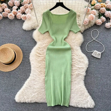 Green 2024 Sexy Summer Knit Short Sleeve Dress Women Squar Collar Waist Bodycon Sundress Female Beach  Backless Long Dress - Lootquake