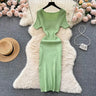 Green 2024 Sexy Summer Knit Short Sleeve Dress Women Squar Collar Waist Bodycon Sundress Female Beach  Backless Long Dress - Lootquake