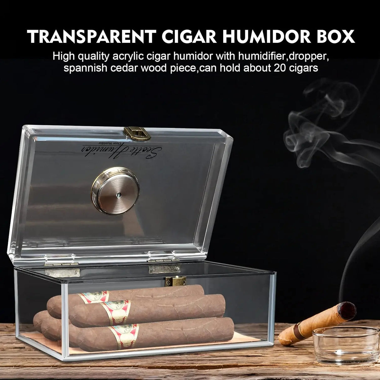 Boîte à cigares Scotte en acrylique avec hygromètre et humidificateur pour 20 cigares. Comprend un coupe-cigare et des accessoires pour perforer les cigares.