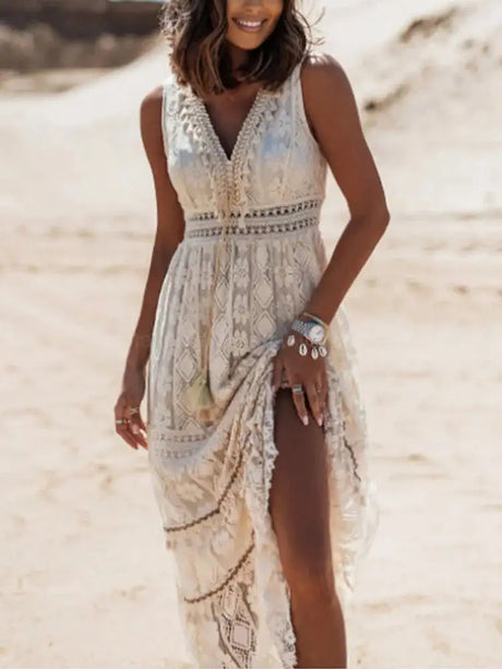 Boho Long Dress Women Summer Lace V Neck Flare Sleeve Sexy Maxi Dress Lady Holiday Party Beach Wedding Dresses Vestidos De Mujer - Lootquake