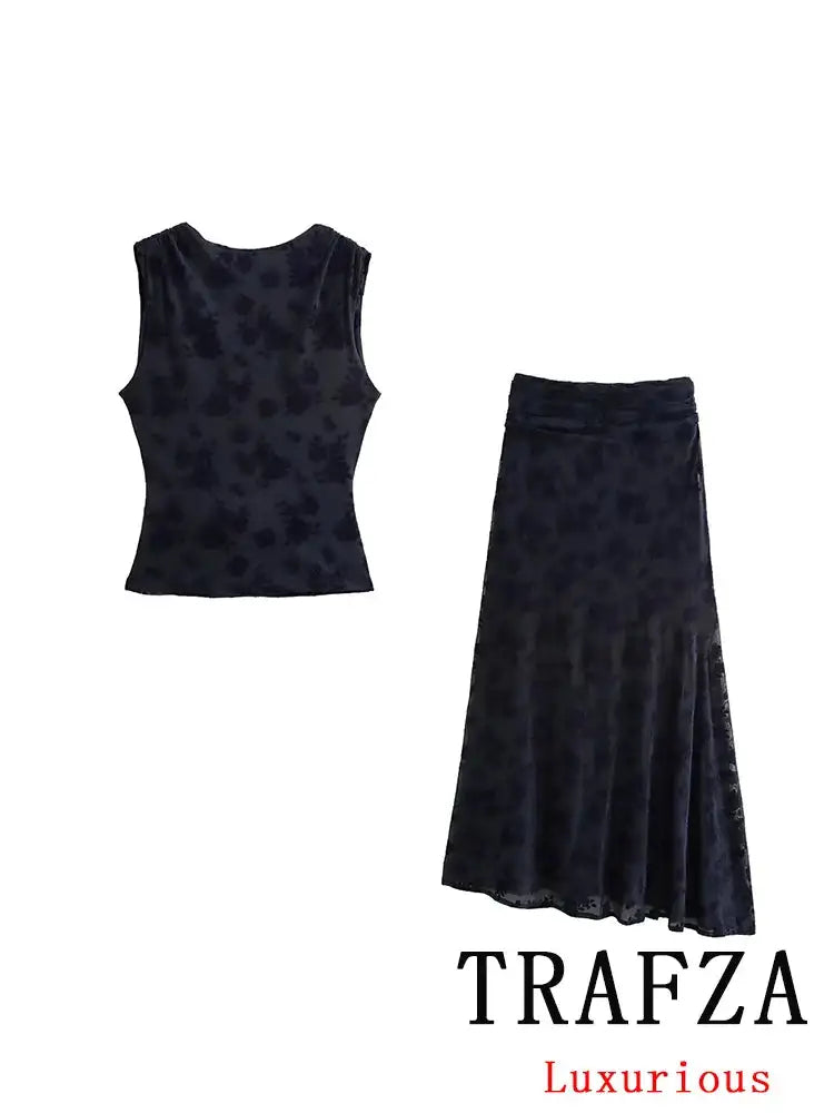 TRAFZA Vintage Casual Chic Women Flocking Suit O-Neck Backless Sleeveless Top Asymmetrical Long Skirt Fashion 2025 Spring Suit - Lootquake