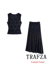 TRAFZA Vintage Casual Chic Women Flocking Suit O-Neck Backless Sleeveless Top Asymmetrical Long Skirt Fashion 2025 Spring Suit - Lootquake