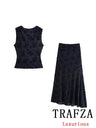 TRAFZA Vintage Casual Chic Women Flocking Suit O-Neck Backless Sleeveless Top Asymmetrical Long Skirt Fashion 2025 Spring Suit - Lootquake