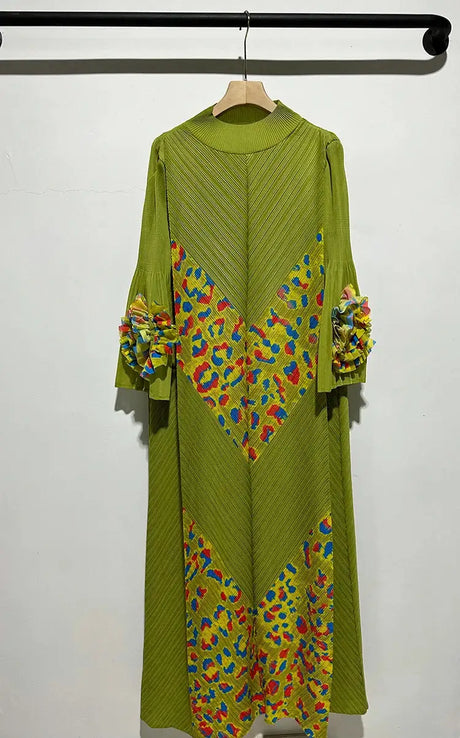 2024 Miyake Fashion Splicing Leopard Print Maxi Dress with Round Neck Hand Shake Flower Horn Sleeves Long Loose Fit Long Dress - Lootquake