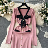 SINGREINY Office Lady Sweater Long Dress 2023 Bow Single Breasted Elastic Split Women Autumn Dress Fashion Senior Knitted Dress