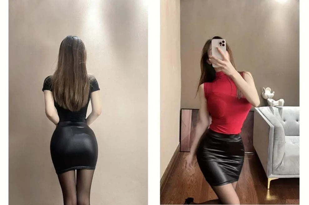 Black Slim Imitation Leather Pencil Mini Skirt High Waist Sexy Fashion Korean Short Skirts Women Wholesale Summer Sweet
