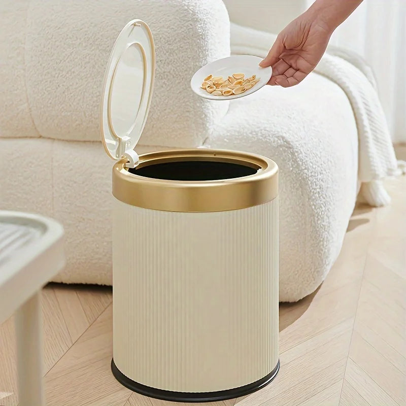 1 fashionable circular top garbage bin with gold edge - durable, stylish storage essential household garbage basket