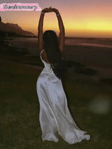 Women's Solid Sexy Satin Lace Up Backless Long Dress Elegant High Waist Square Neck Slim Sling Dresses 2025 Female Beach Robes - Lootquake