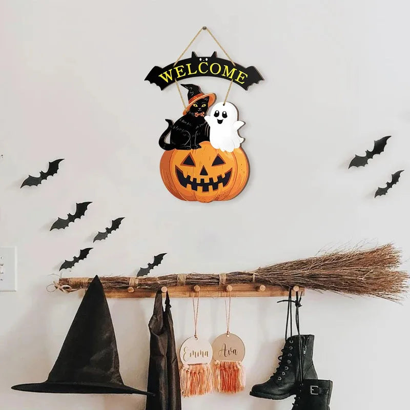 Welcome Sign w/ Cat, Ghost & Pumpkin