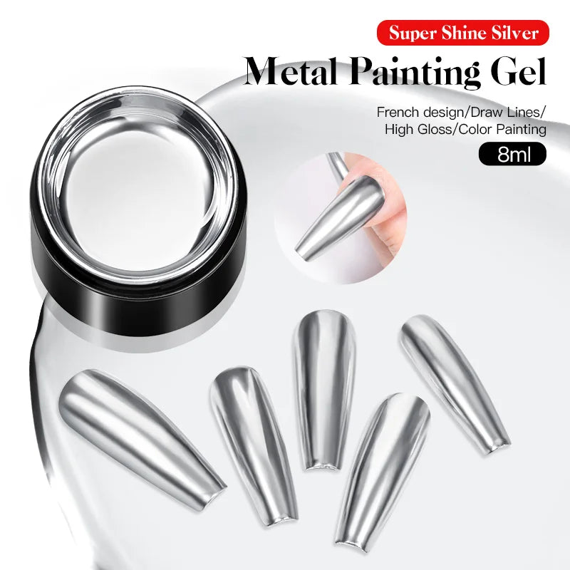 8ml Super Shine Silver Metal Painting Gel Nail Polish High-density Mirror Effect Semi Permanant Nail Art Manicure Varnish